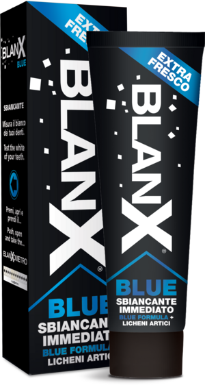 Blanx Blue - La prima pasta dentifricia protettiva a base di Licheni Artici restituisce ai tuoi denti il loro bianco naturale da subito!